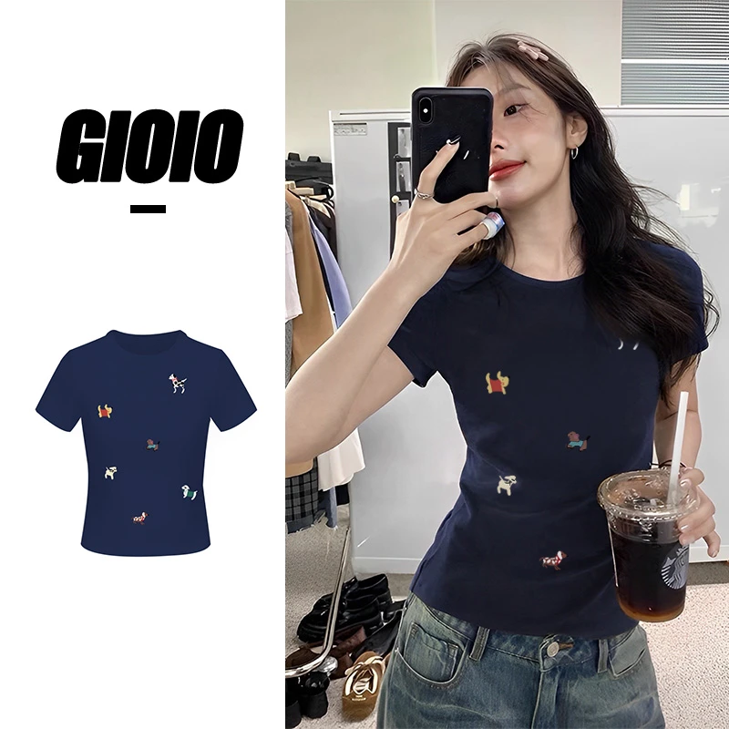 GIOIO辣妹夏季新款小狗印花小众设计款正肩修身休闲圆领短袖T恤女