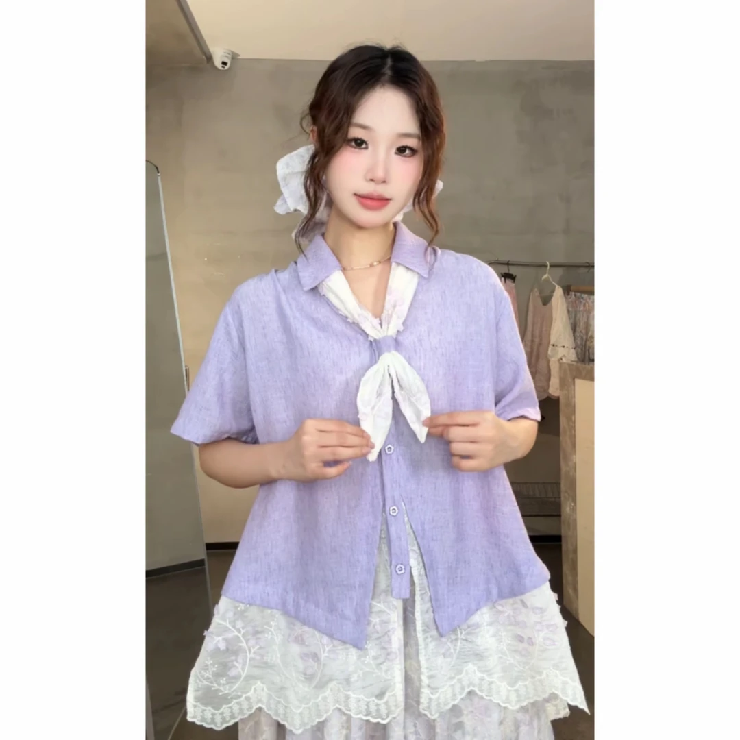 衬衫夏季V领气质拼接百搭上衣女20653