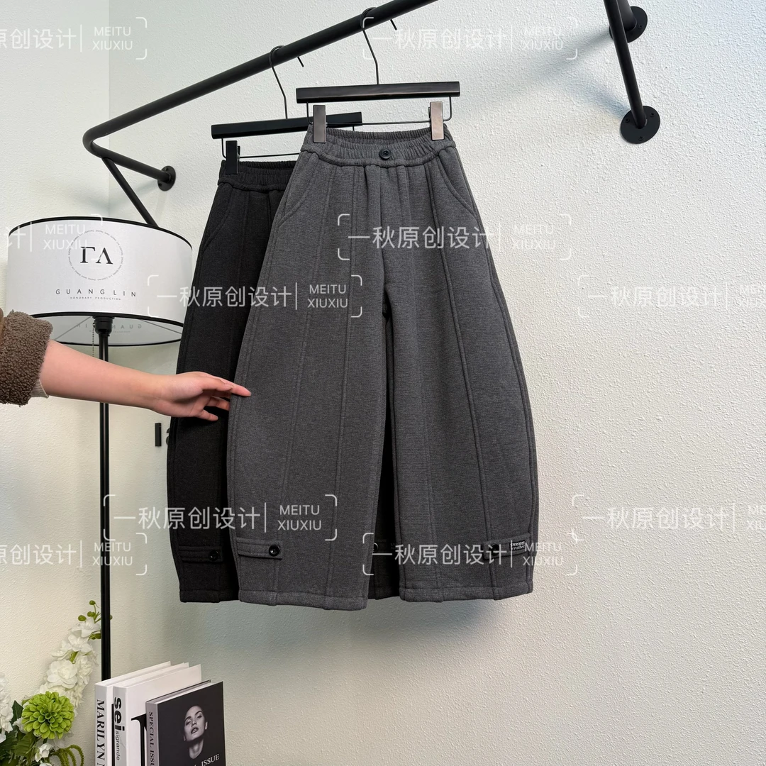 【原创高品质】儿童冬季加绒加厚毛呢弯刀裤2025新款中大童休闲长裤