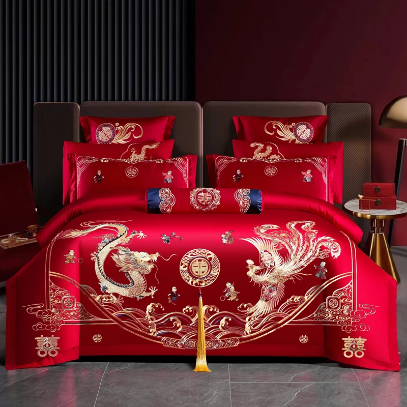 JIUYEJIAFANG/九叶家纺大红婚庆刺绣四件套六件套十件套床上用品