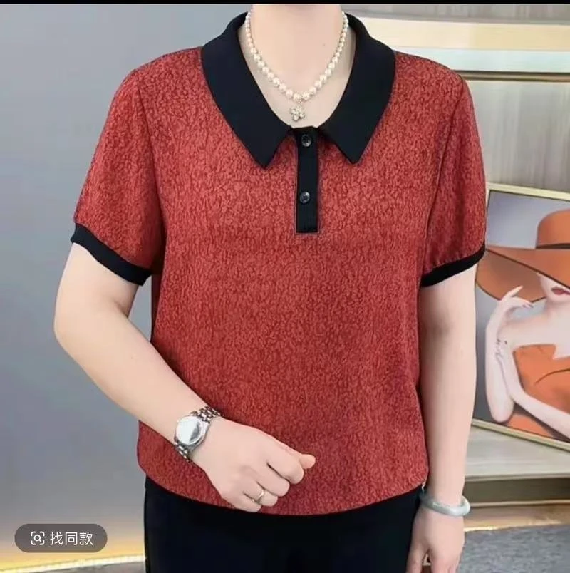 妈妈装夏季新款娃娃领撞色轻薄透气显瘦中老年女装短袖上衣