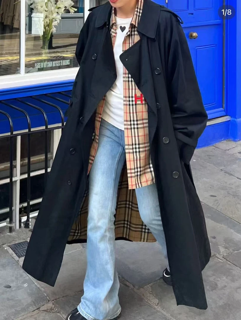 SS25262    经典滑铁卢长款黑色腰带风衣