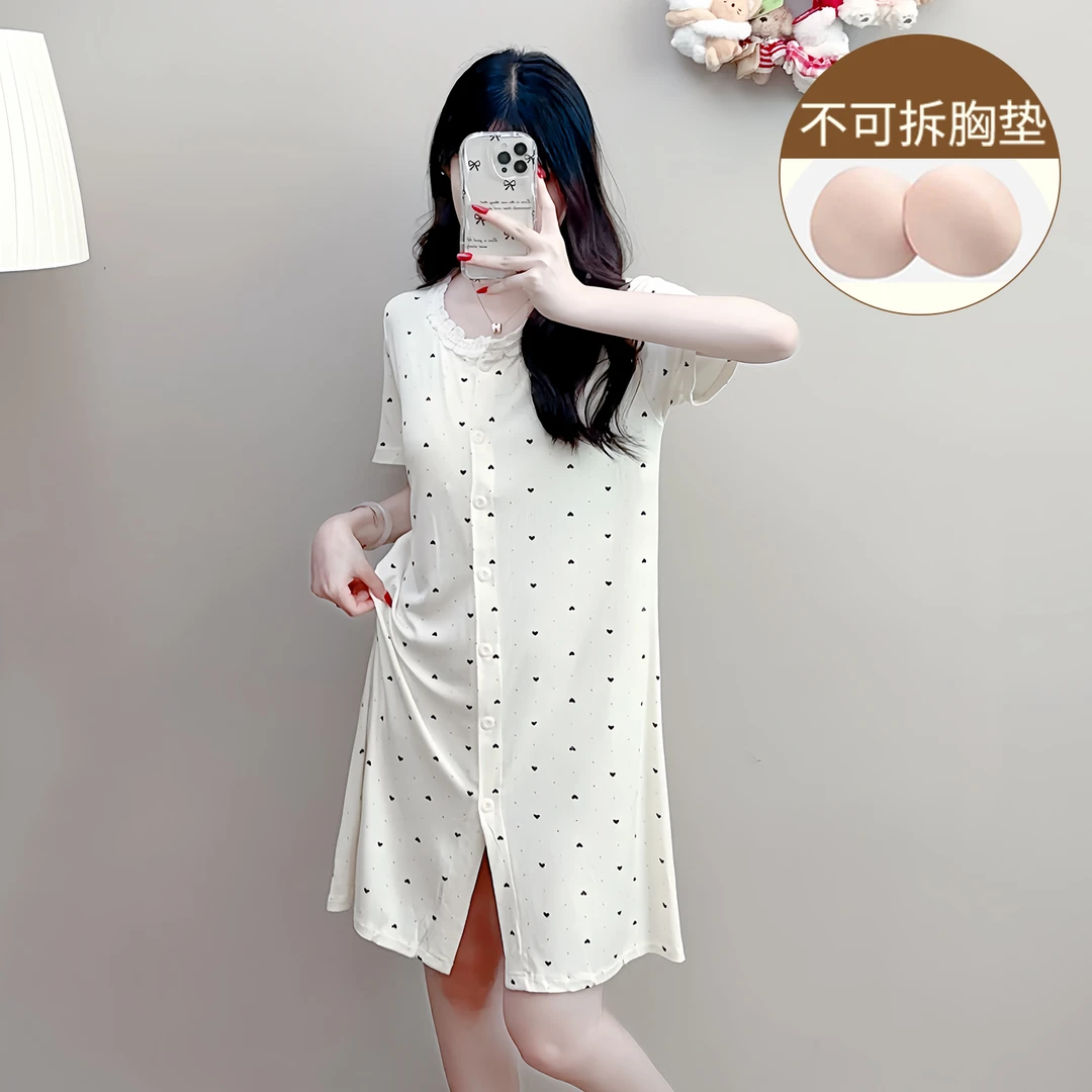 桃心睡衣女夏季带胸垫短袖薄款花边连衣睡裙夏天新款莫代尔家居服