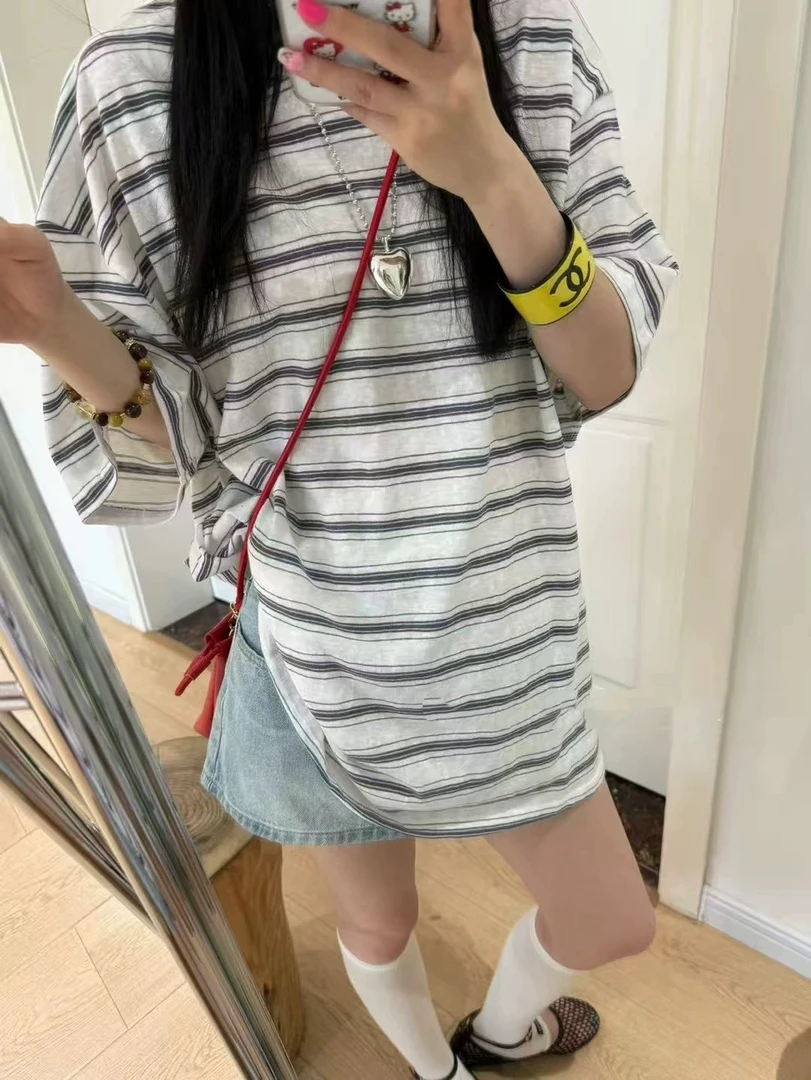 现货·東R正版时尚休闲条纹短袖T恤女中长款宽松慵懒防晒