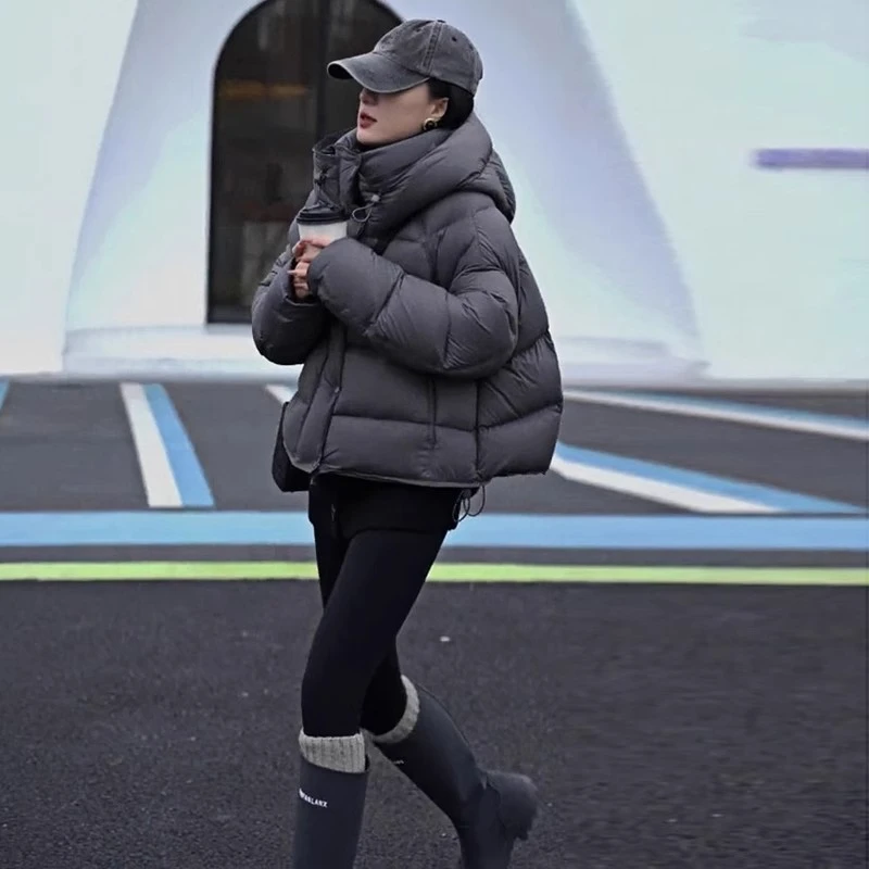 泡芙龟背灰色短款羽绒服女2025冬季新款白鸭绒连帽面包服外套