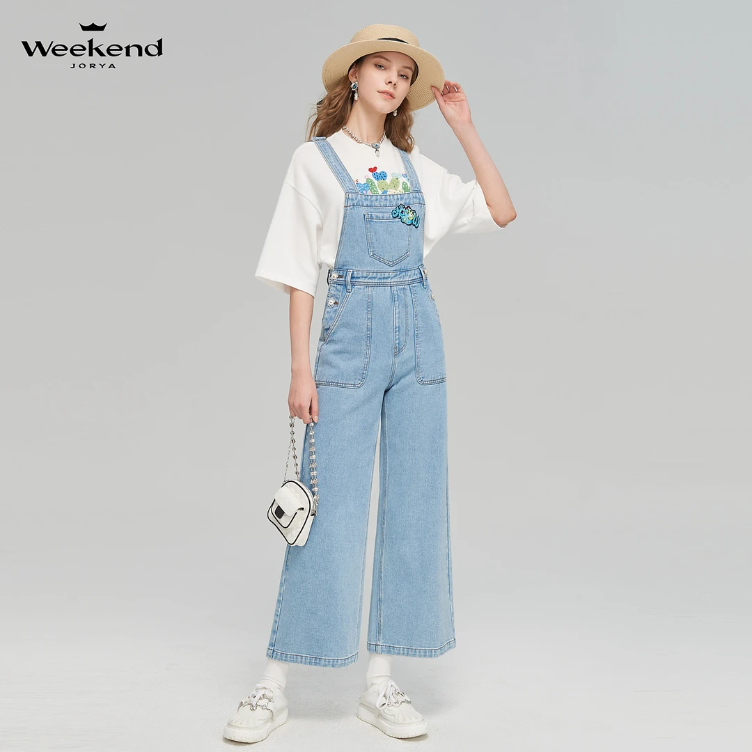 卓雅周末仙人掌刺绣贴布水洗牛仔连体背带裤EJWDAQ48