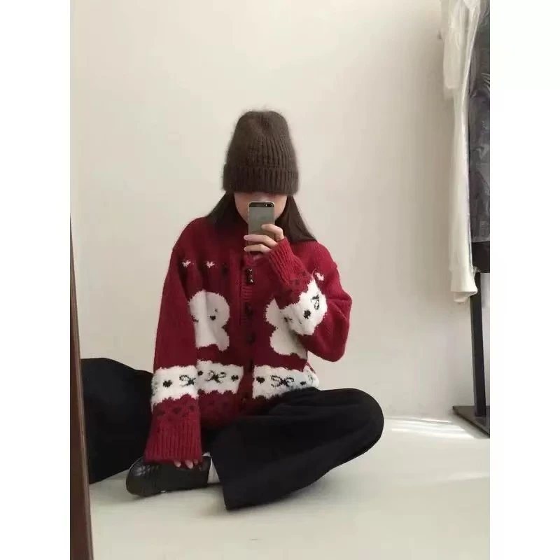 【xu专属】8048早秋新款立体小熊V领针织开衫长袖收腰短款毛衣