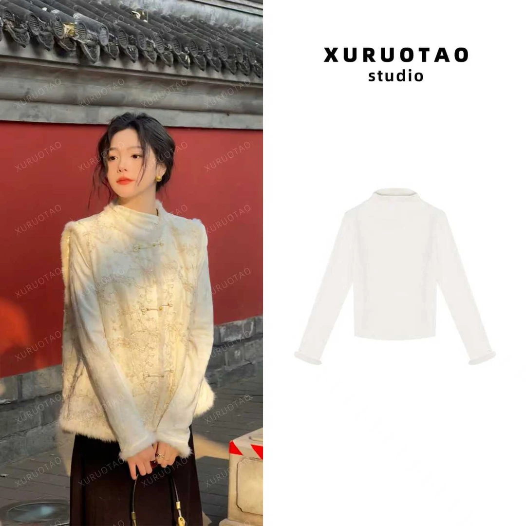 XURUOTAO【奶芙提花】酷丝棉国风提花设计袖口兔毛边杏色上衣 T5826