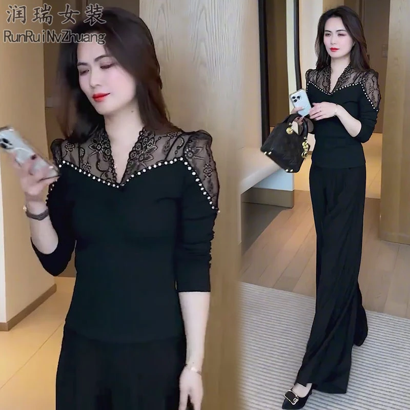 轻熟风时尚套装女2025秋季新款女神范网纱拼接长袖阔腿裤两件套潮