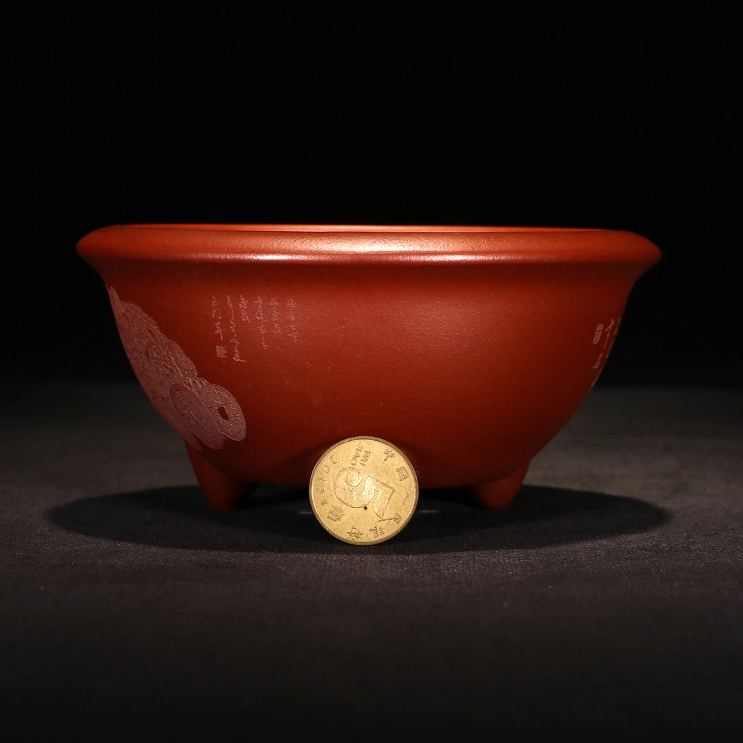 宜兴紫砂花盆手工制作三足景盆桌面盆景盆刻绘小号盆微型掌上花盆