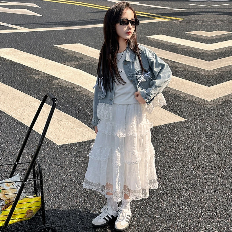 女童半身裙套装2025新款6-12岁洋气女孩春秋时髦韩系牛仔开衫春装