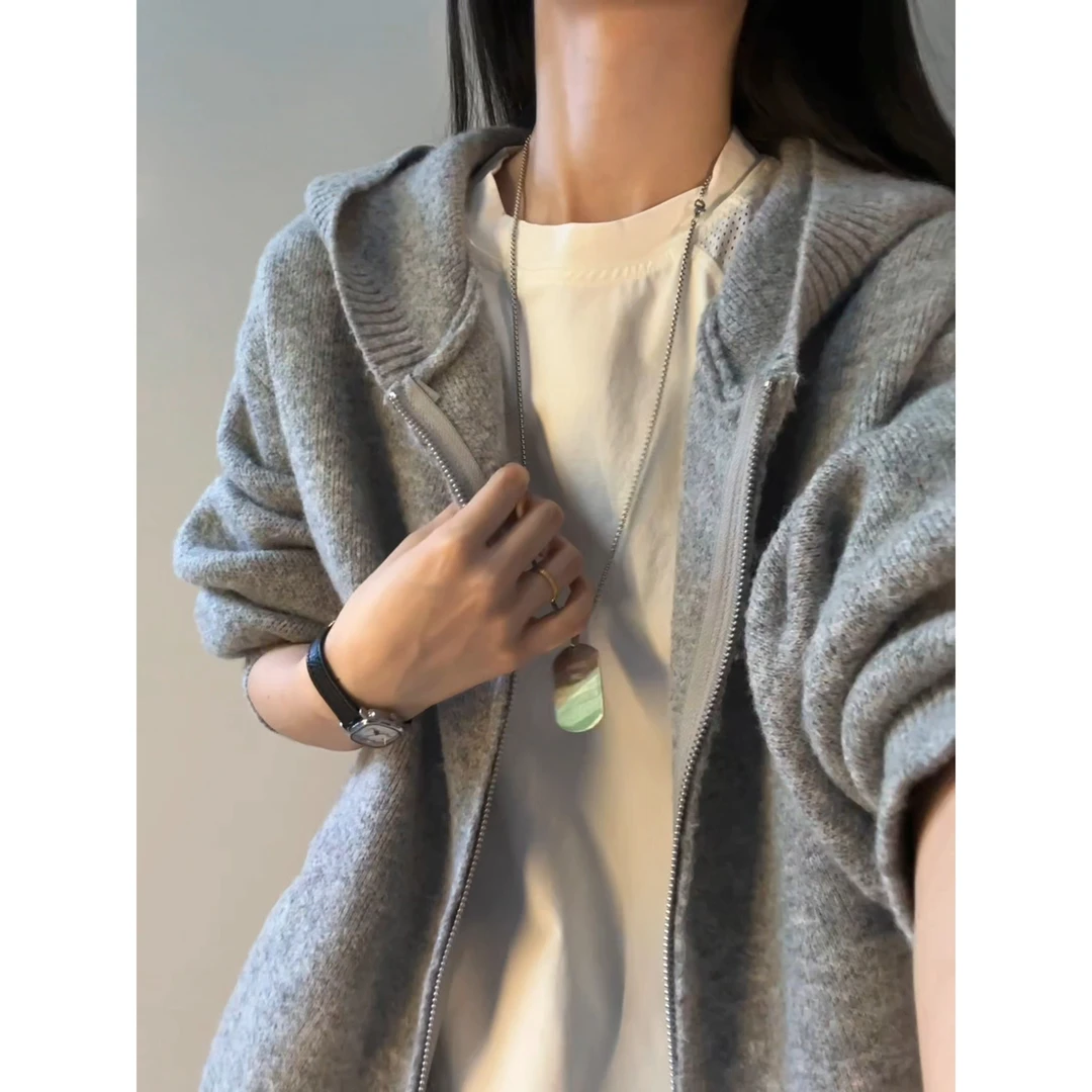 美式白灰色针织毛衣男秋冬季双头拉链开衫连帽卫衣复古松弛感外套