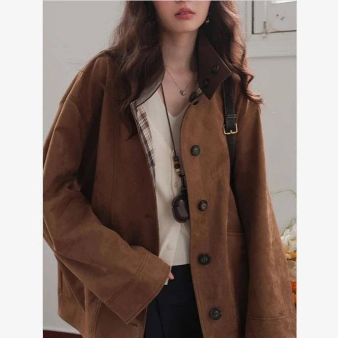 春季时髦宽松复古柔雾感仿麂皮绒格纹正反两面穿VTG立领外套