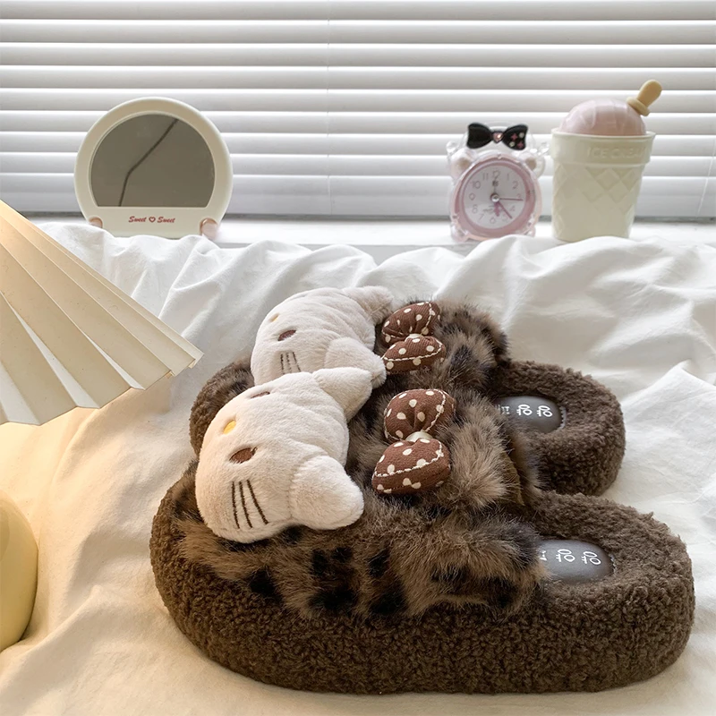 豹纹凯蒂猫毛毛拖鞋女外穿2025秋冬新款加绒包头棉拖增高厚底半拖