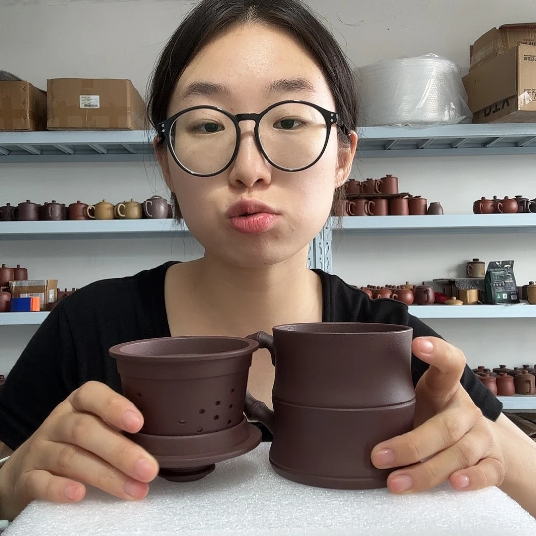茶杯紫砂原矿湖父底槽清小竹节三件套300CC左右微瑕