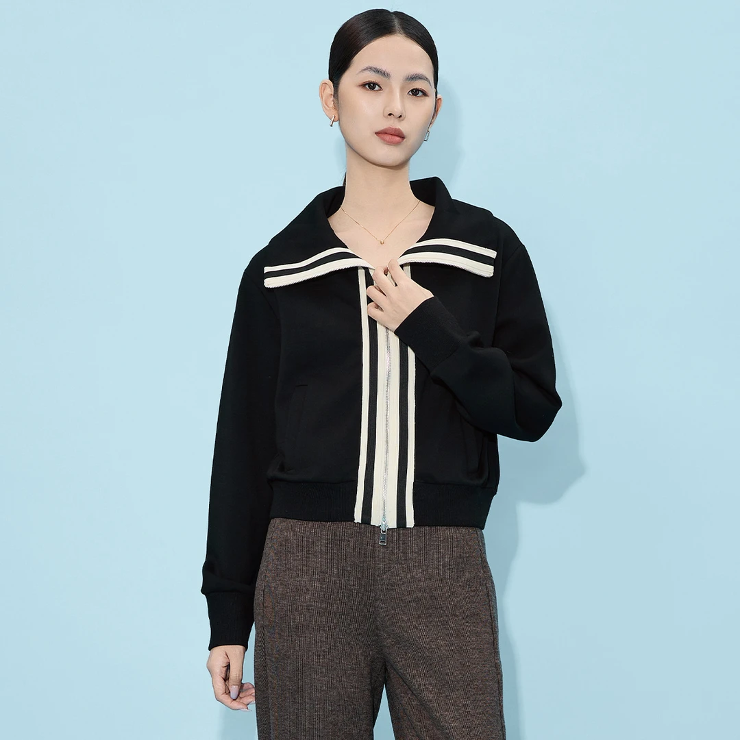 【福利专属】宽松拉链开衫卫衣时尚短款设计感女黑色VHS112JKH0