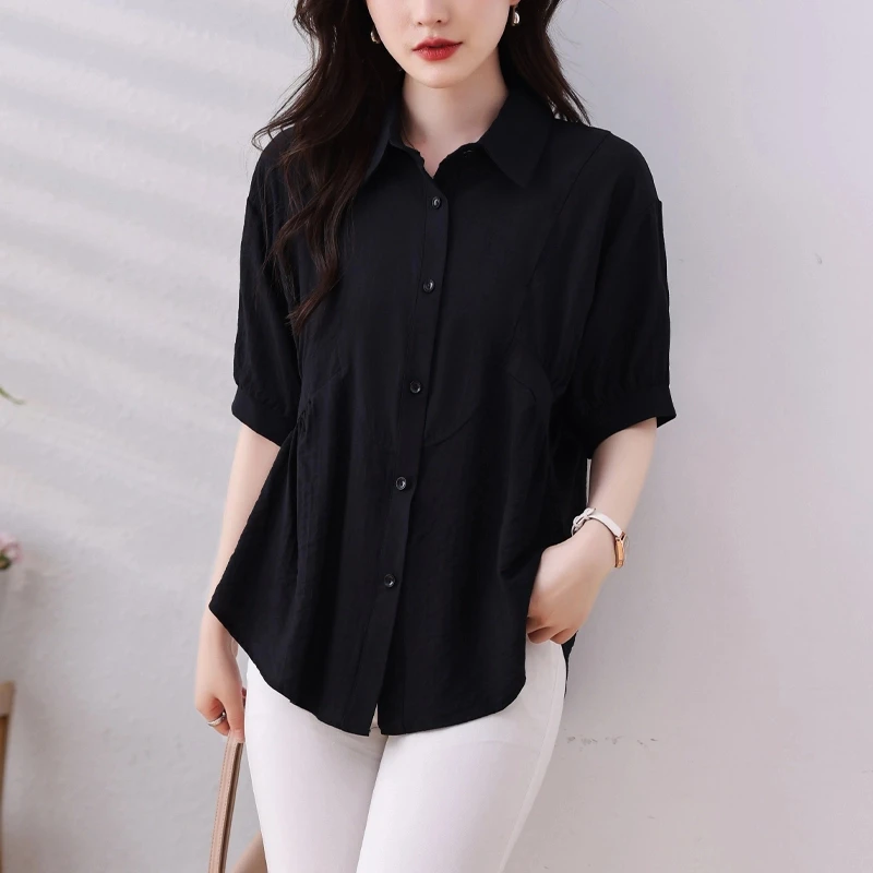 衬衫女短袖洋气2025夏季新款POLO领宽松大码黑色女上衣显瘦衬衣