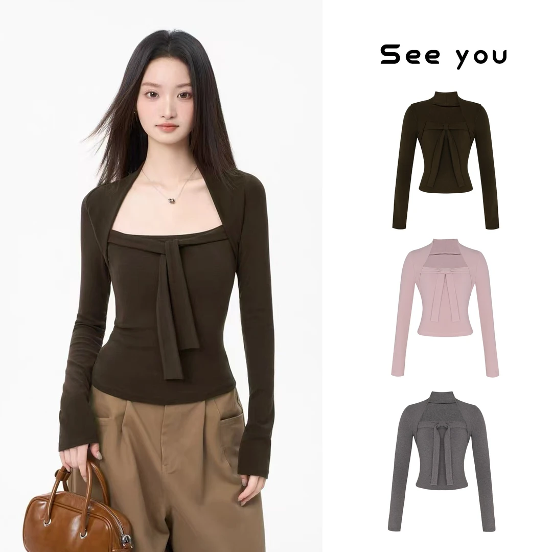 咖色方领蝴蝶结系带上衣女秋冬季修身内搭加厚磨毛t恤打底衫X1962
