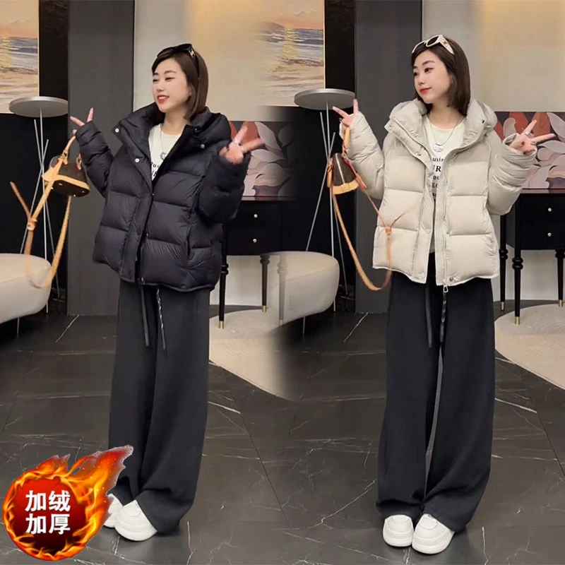 街头风时尚穿搭立领连帽长袖棉服松紧腰加绒休闲裤保暖冬季两件套