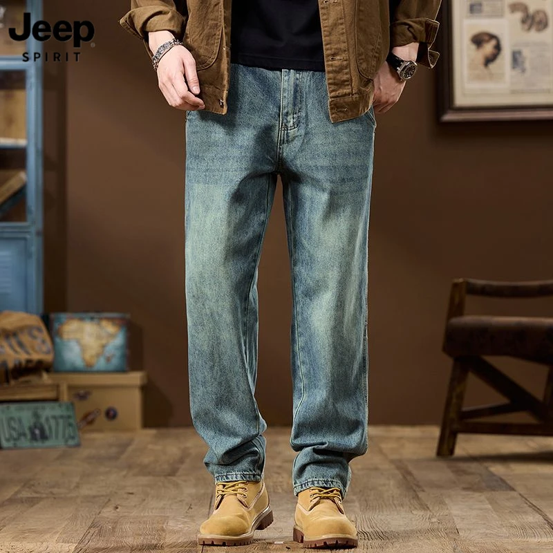JEEPSPIRIT吉普直筒裤复古喇叭裤水洗长裤牛仔裤男士舒适百搭秋冬