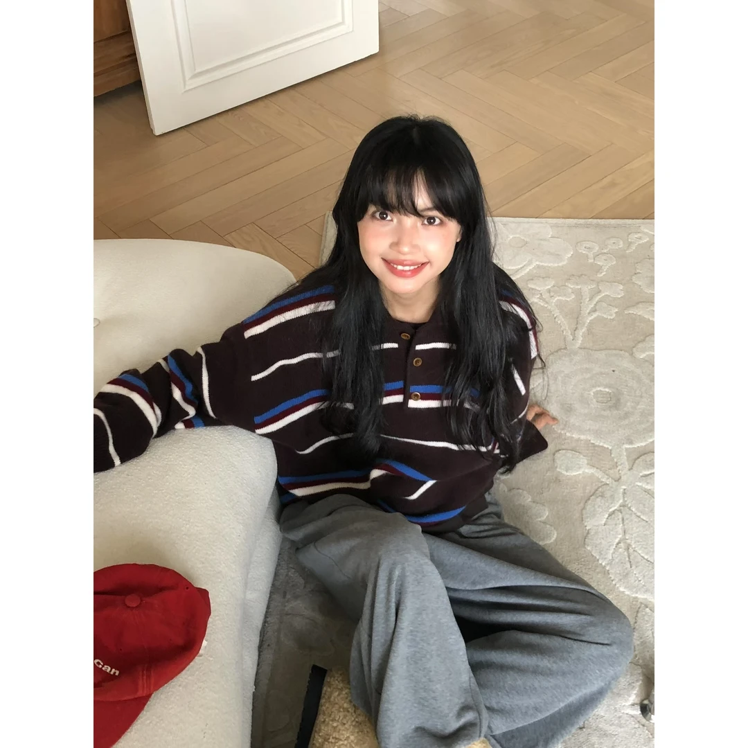 韩系撞色条纹polo领针织衫毛衣女2025秋季新款设计感百搭减龄上衣