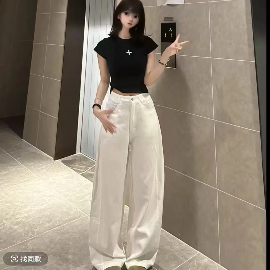 美式复古棉秋季高腰宽松弯刀裤女百搭显瘦直筒裤后妈裤休闲裤