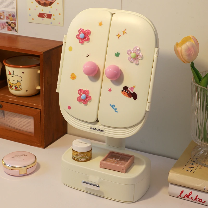 LED补光化妆镜三面镜学生办公室带补光台式桌面可折叠便携大镜子