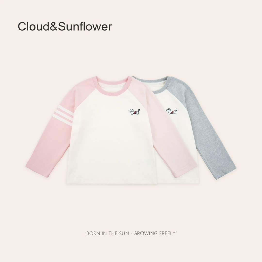 女童春季撞色插肩袖小狗刺绣圆领休闲打底衫1113528