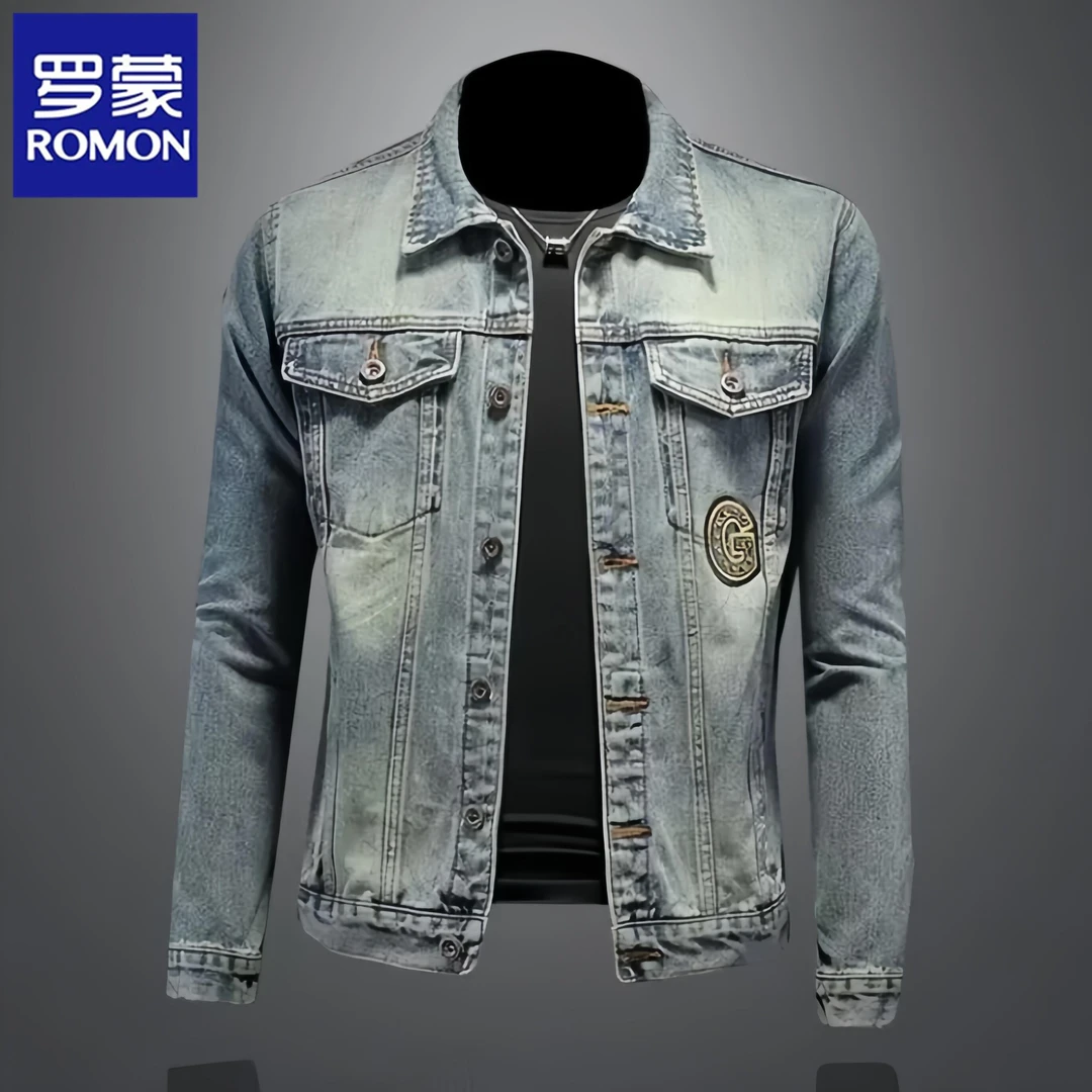 罗蒙牛仔外套男士2025春秋新款时尚休闲翻领刺绣百搭潮流牛仔夹克