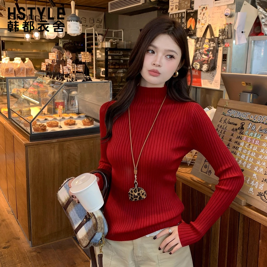 女内搭新款圣诞老人同款红色半高领毛衣打底衫冬季修身百搭通勤