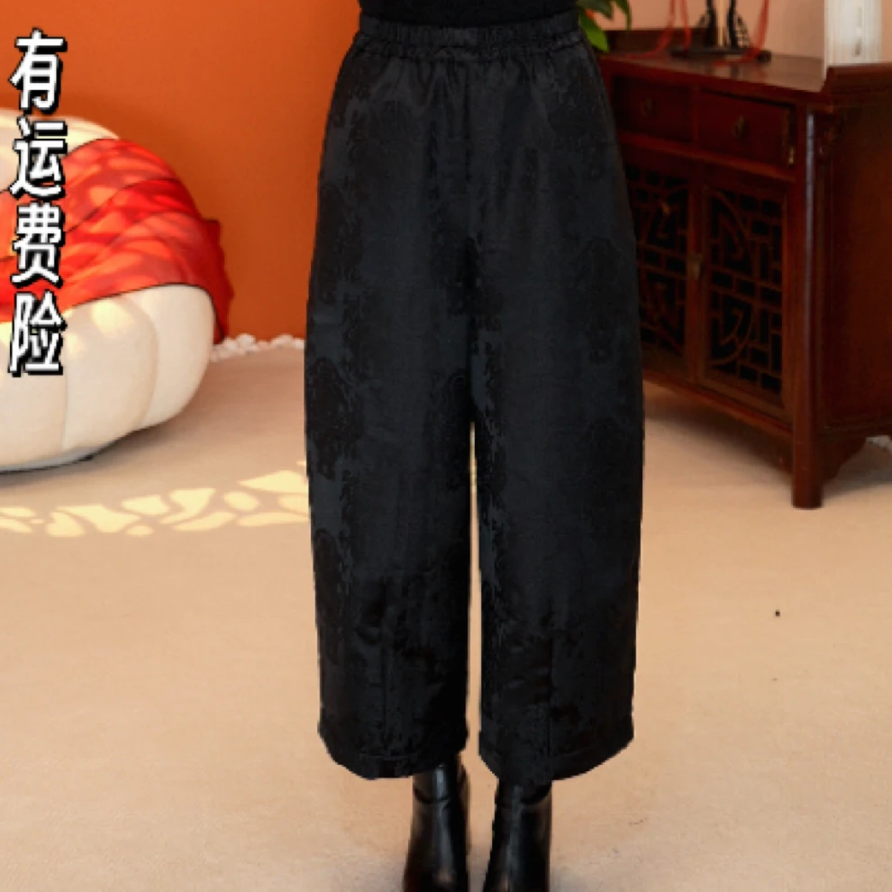 红熹潮(HXC668皇冠提花黑）冬季新款设计师款百搭显瘦保暖茧型棉裤