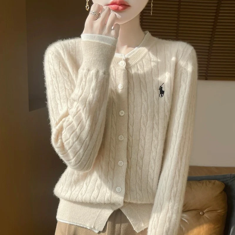 春季新款假两件针织开衫女圆领小马刺绣毛衣外套显瘦宽松百搭上衣