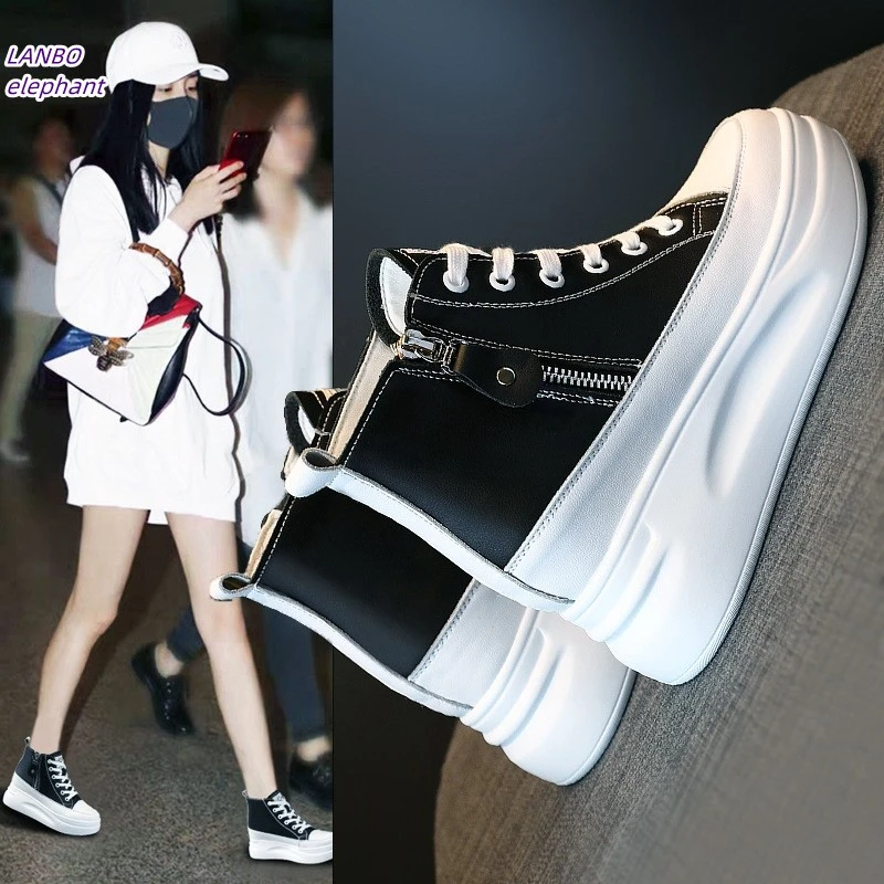 【8厘米】超透气！显高显瘦！显腿长！牛皮拉链内增高小白鞋女