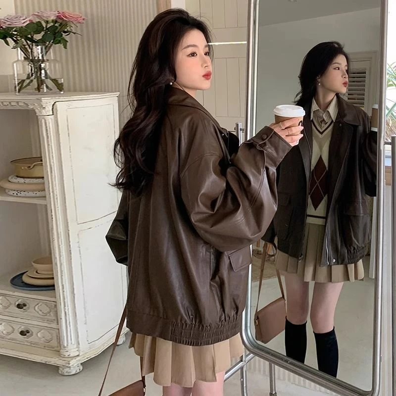 高级感美式复古休闲咖色皮衣外套女秋冬宽松2025新款机车皮夹克
