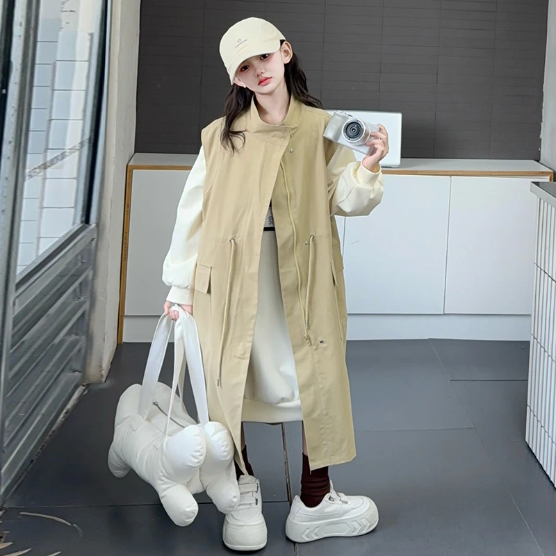 女童秋季休闲风衣套装2025新款慵懒风时尚洋气长款风衣卫衣两件套