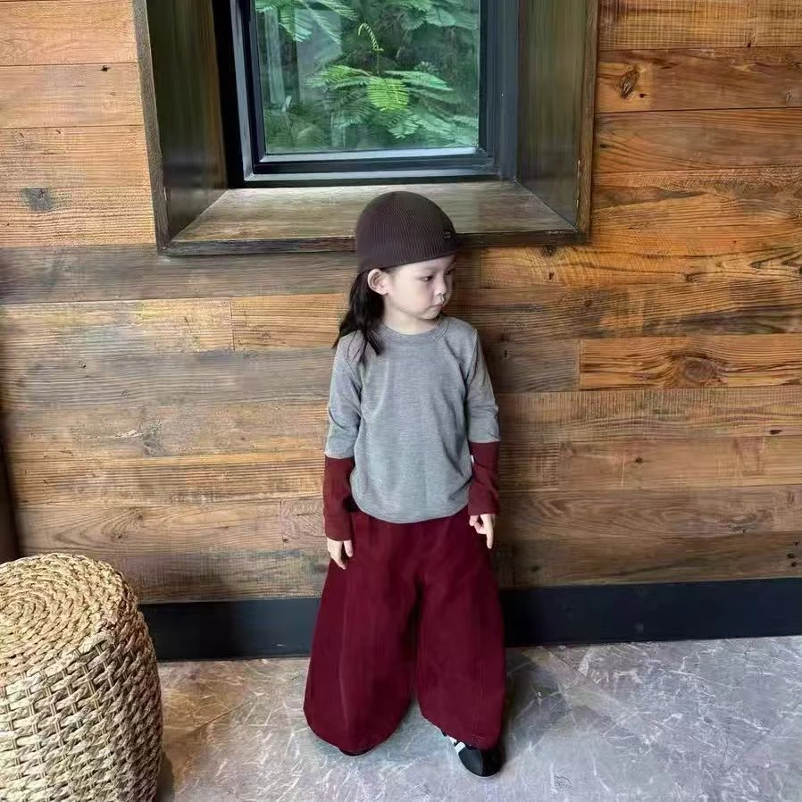 韩国童装女童春秋新款套装2025洋气新款拼接上衣百搭红色阔腿裤潮