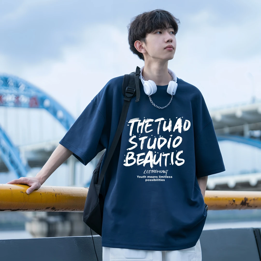 日系字母纯棉t恤男短袖潮牌男生夏季2025新款重磅青少年宽松体恤