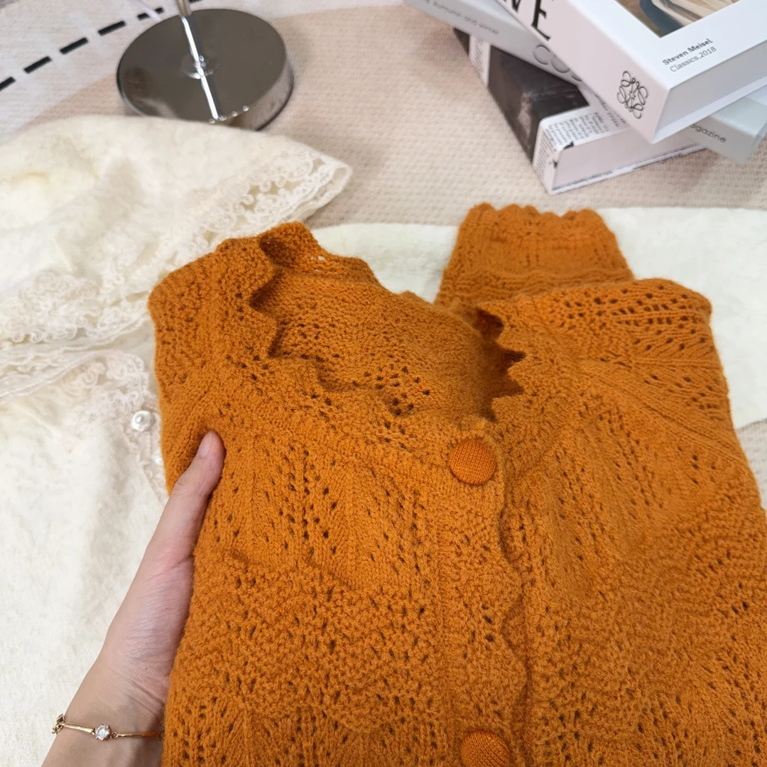 波浪花边纯色条纹镂空针织开衫春秋季新款上衣宽松韩版毛衣外套女