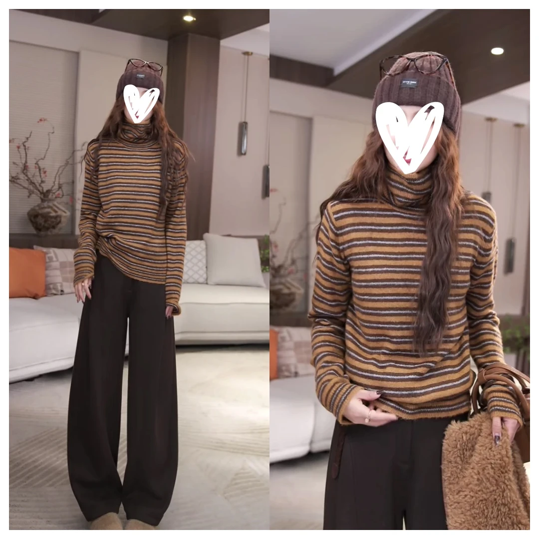 【寻觅】秋冬新款修身显瘦半高领百搭条纹长袖针织衫C6520