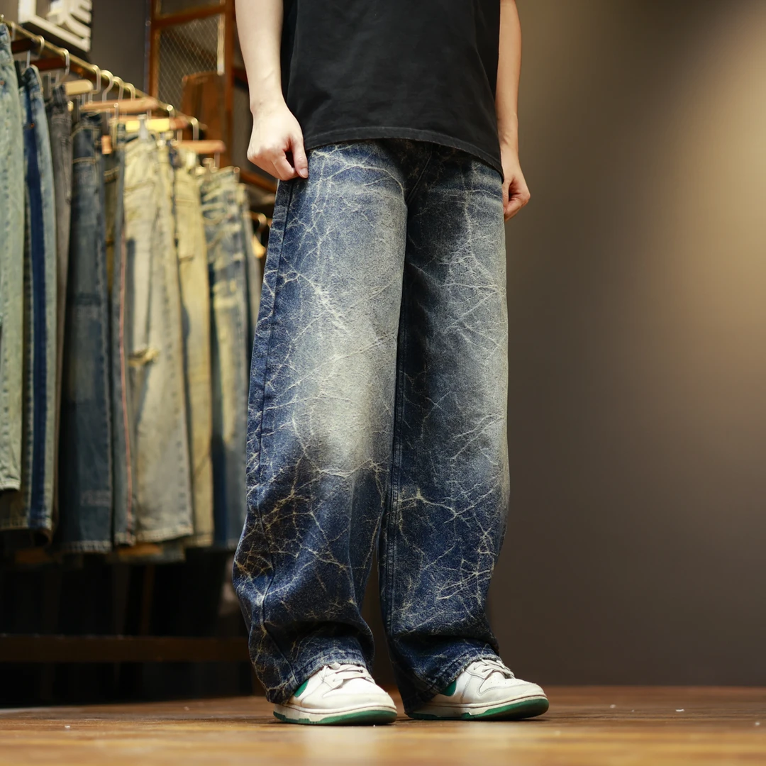 31062水洗电光蓝宽松潮流高街弯刀牛仔裤