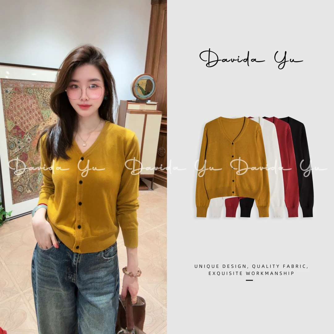 Davida Yu【纯色小V】针织衫精美时尚长袖开衫 1137