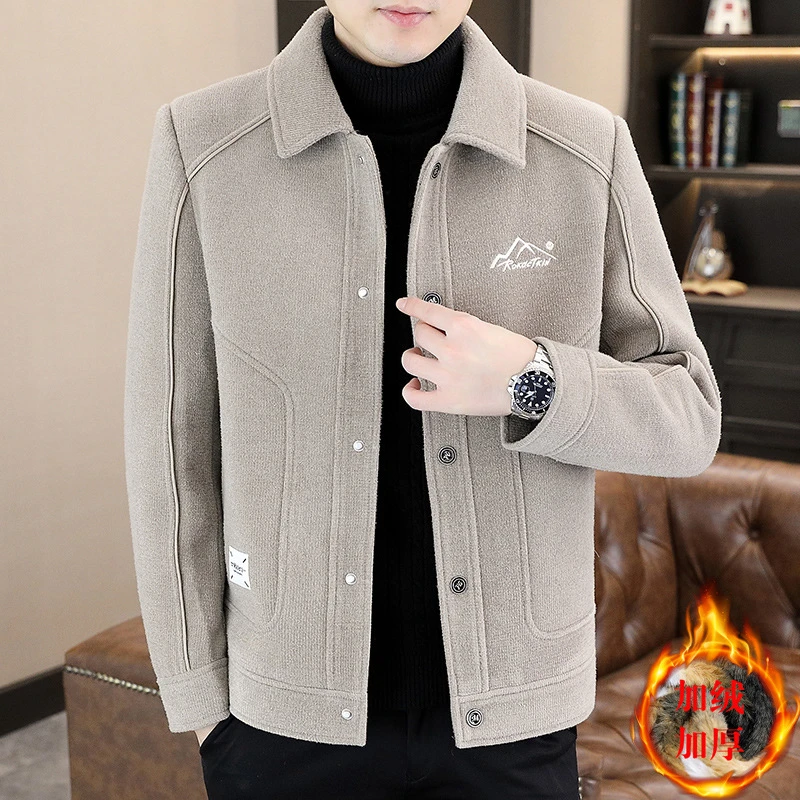 其他100%秋冬季毛呢夹克男加绒加厚休闲短款风衣保暖翻领呢子外套