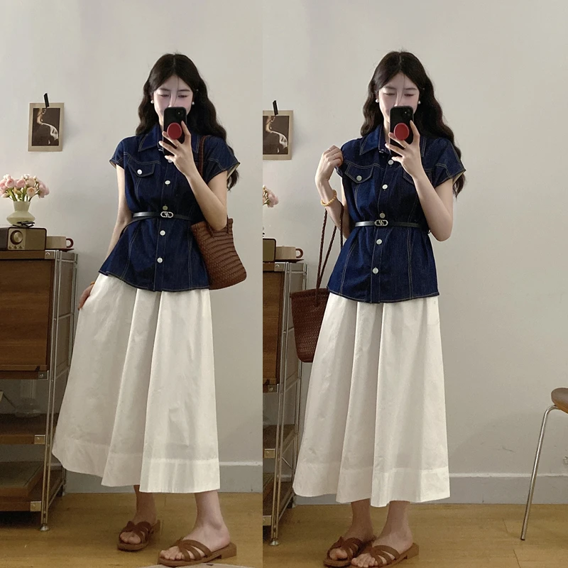 大码夏季新款牛仔收腰显瘦上衣百搭白色半身裙洋气法式赫本风穿搭