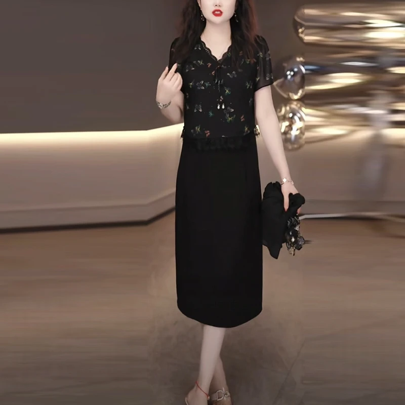 乔其丝品质女装2025夏季新款时尚碎花蕾丝洋气质黑色显瘦连衣裙子