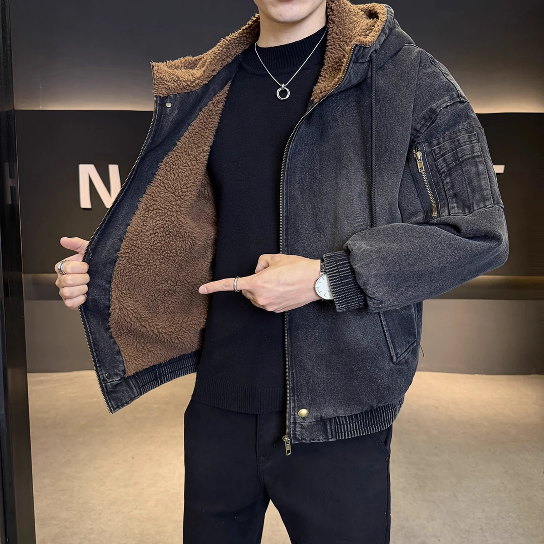 CALTOKROSA美式复古男士羊羔绒牛仔外套2025冬季加绒连帽夹克冬装