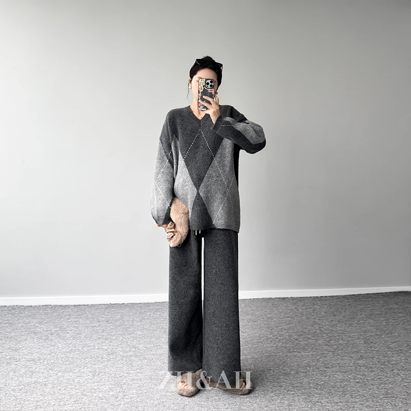ZH&AH【摩洛哥】冬季新款时尚气质百搭设计感孕期通勤毛衣套装裤