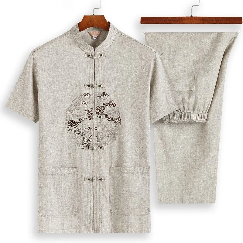 老爷车爸爸装亚麻t恤男款夏季薄款中国风套装刺绣唐装短袖中老年
