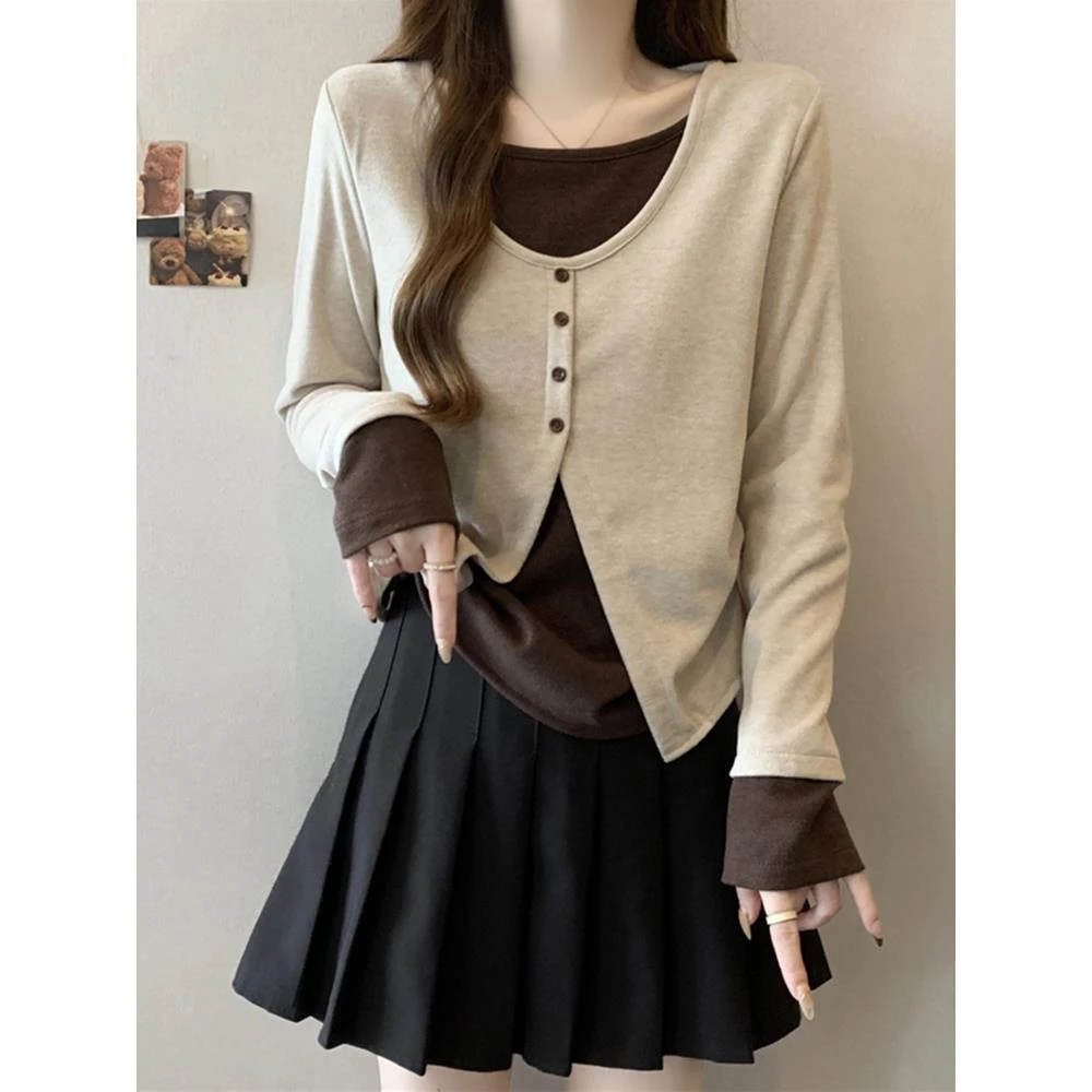 大码女装遮肚子不规则拼色长袖T恤女秋冬胖妹妹显瘦内搭短款上衣