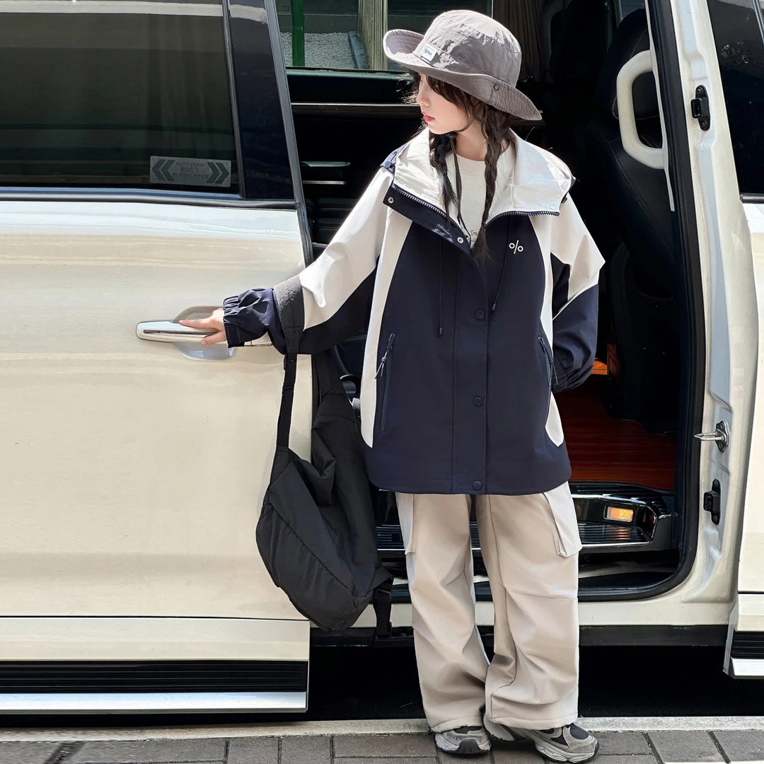 女童外套时尚休闲宽松潮流撞色拼接三防冲锋衣