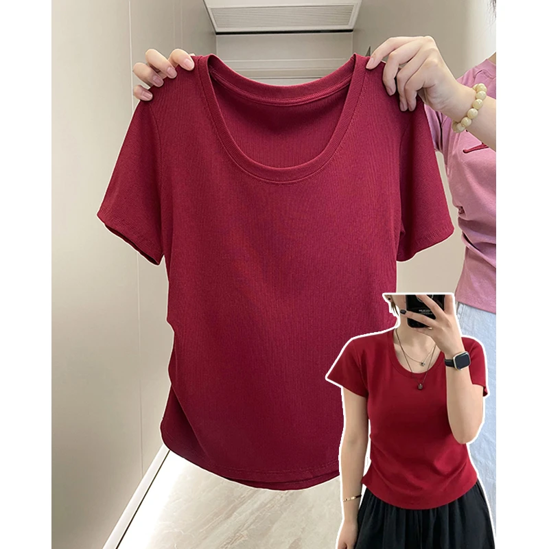 特大码200斤气质修身U领短袖t恤女夏季掐腰遮肚百搭小众上衣ins潮